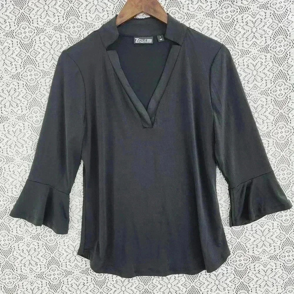 New York & Company V neck mock Bell sleeve Stretched Blouse S Black - Picture 1 of 6